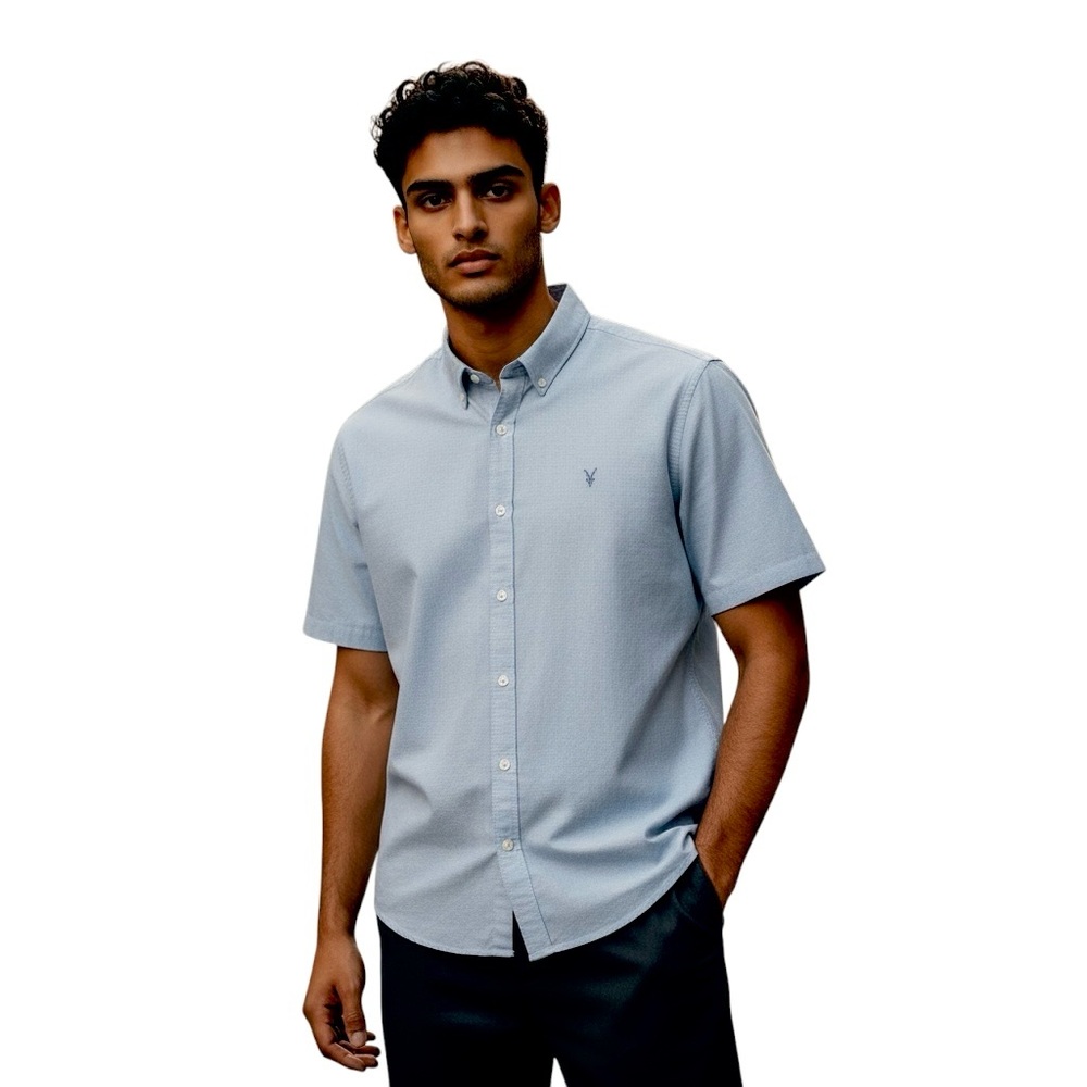 All Saints Men’s Sky Blue Short Sleeves Basic Button Down Shirt.S. SKU 613